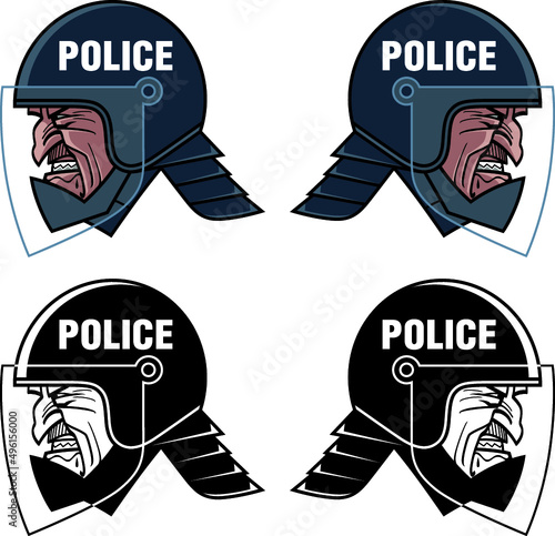 Riot police officer portrait, angry face, head in a helmet. Symbol of aggression and brutality.

