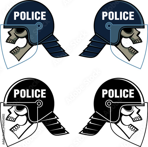 Riot police helmet and skull, scary symbol of brutality and violence.
