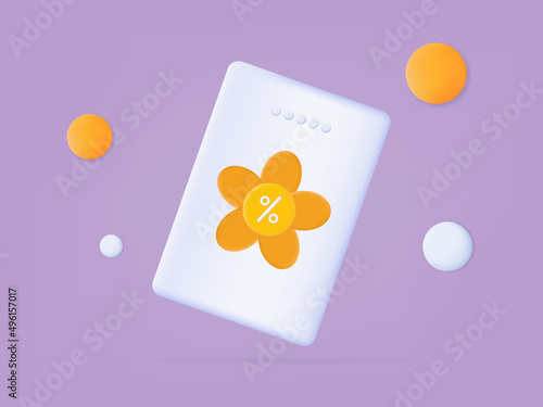 3d summer sale banner. Discount coupon or voucher, free, cool, hot offer. Summer promotion, favorable price. Flower and percentages on a lilac, purple background. Summer season advertising. Vector. 