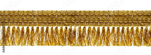 Fringe. Yellow braid with tassels. Isolated on white background