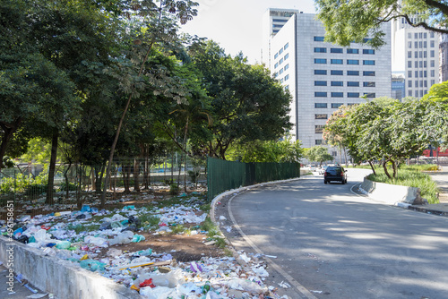 garbage thrown on the street in Vale do Anhangabau in the historic center of São Paulo photo