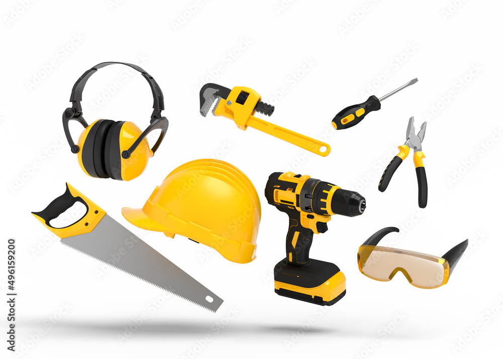 Flying view of yellow construction tools for repair on white Flying view of yellow construction tools for repair on white
