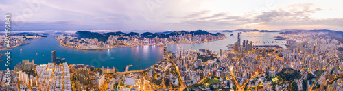 Photography Epic aerial view of Victoria Harbour, Hong Kong, Twilight metropolis, panorama