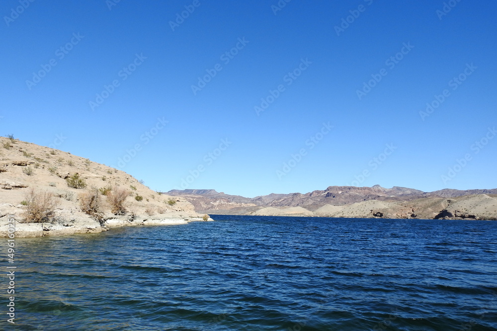 Fototapeta premium The beautiful scenery of the Colorado River Reservoir, Lake Mohave at Nelsons Landing, in Clark County, Nevada.