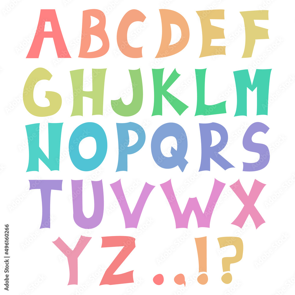 Funny font, alphabet letters and punctuation marks. Vector graphic.