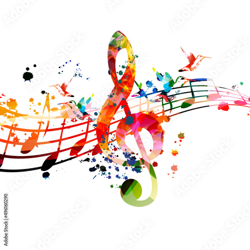 Colorful musical promotional poster with musical notes, staff and G-clef isolated vector illustration. Artistic and playful background for live concert events, music festivals and shows, party flyer	
