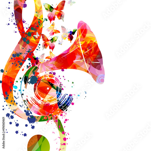 Colorful musical poster with G-clef symbol, gramophone horn and LP vinyl record disc isolated vector illustration. Playful background for live concert events, music festivals and shows, party flyer	
