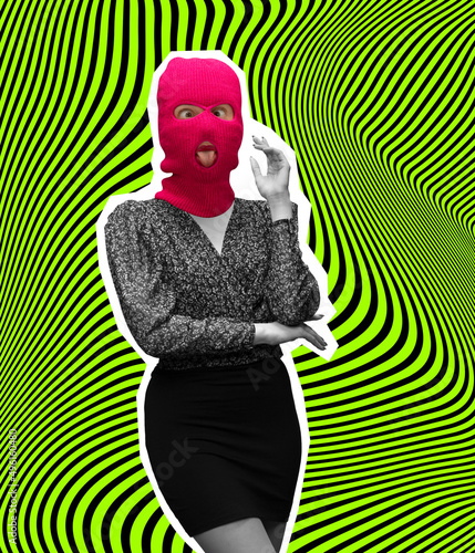 Contemporary art collage. Stylish young woman in business suit with pink balaclava isolated over hypnotic green background