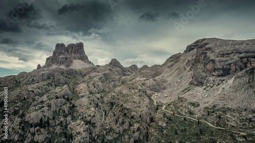 Hiking trail to Cinque Torri at Passo di Falzarego in the Dolomite Alps during cloudy day from above  South Tyrol Italy.