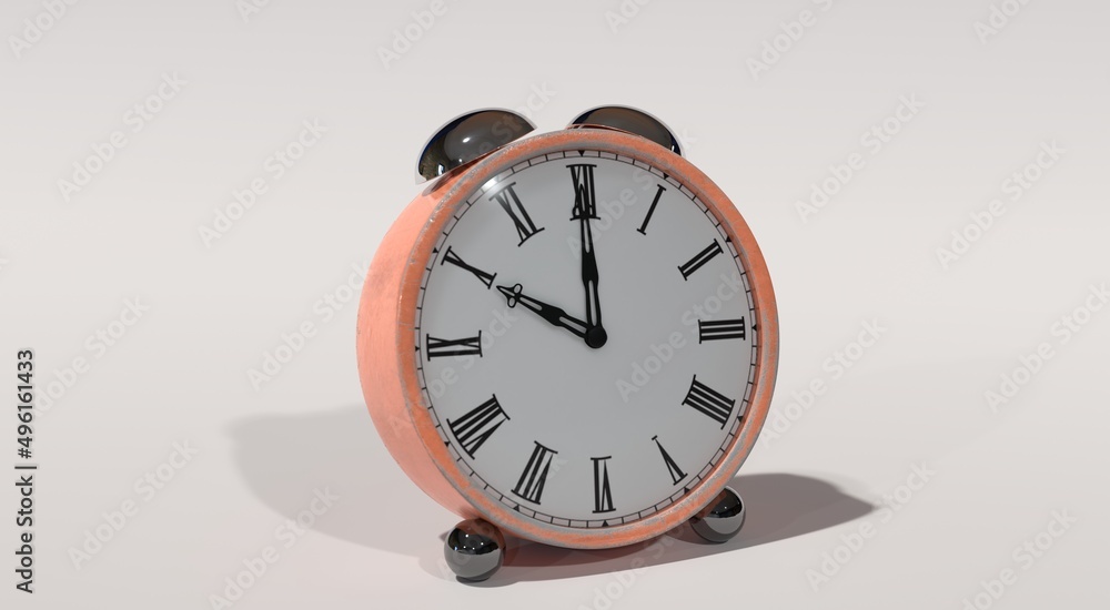 3D rendering illustration. Round alarm clock isolated on light smooth surface with shadow reflection.
3D rendering illustration. Round alarm clock isolated on light smooth surface with shadow reflection.