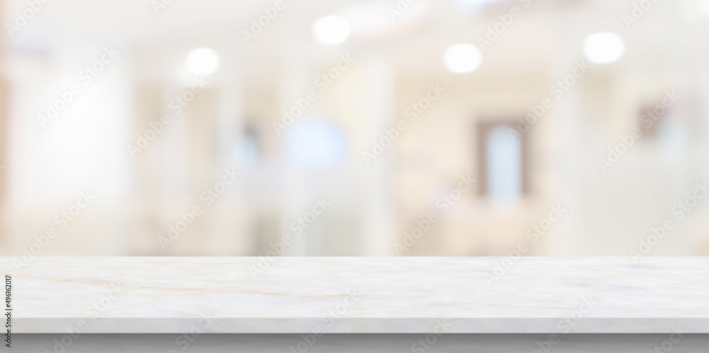 Marble table top with blur hospital clinic medical interior background - obrazy, fototapety, plakaty 