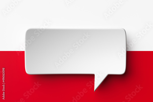 Social media notification icon, white bubble speech on the background of the flag of Poland. 3D rendering