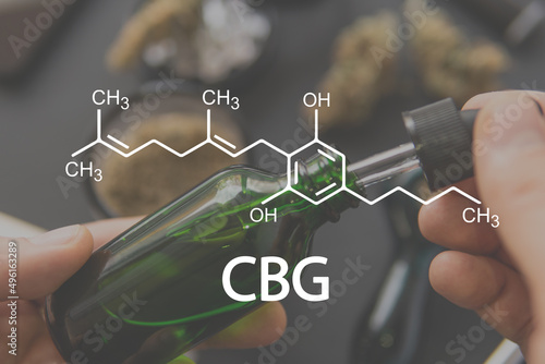 CBG with cannabigerol molecule. Cannabis plants chemical formula. photo