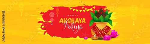 Happy Akshaya Tritiya Festival Header Banner Design Template with Kalash Illustration