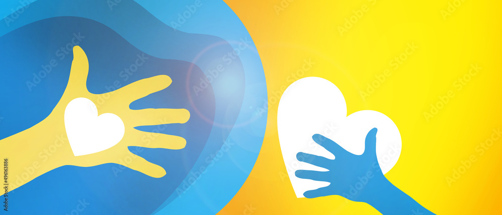 Get help for Ukraine Concept, Pray for Ukraine, Peace with Ukraine, Hopeful help, Hand that asks for help in hope for paper cut on yellow, copy space-3d rendering