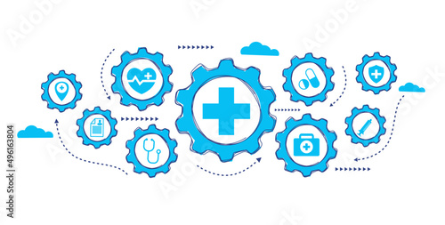 Healthcare, insurance and science icon pattern medical innovation concept in gears with blue background vector design. 
