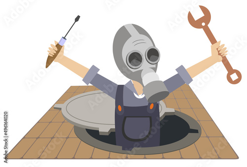 Worker in the gas mask with a spanner and screwdriver in the hands appears out from the sewer manhole isolated on white illustration photo