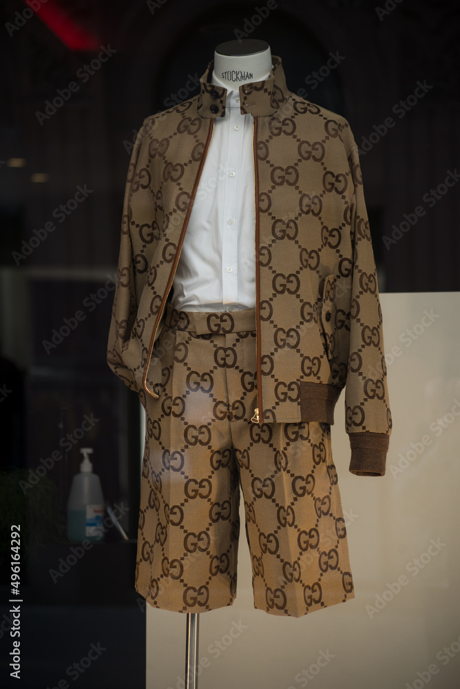 Strasbourg - France - 26 March 2022 - Closeup of gucci pattern on clothes  for men in a luxury fashion store showroom Stock Photo | Adobe Stock