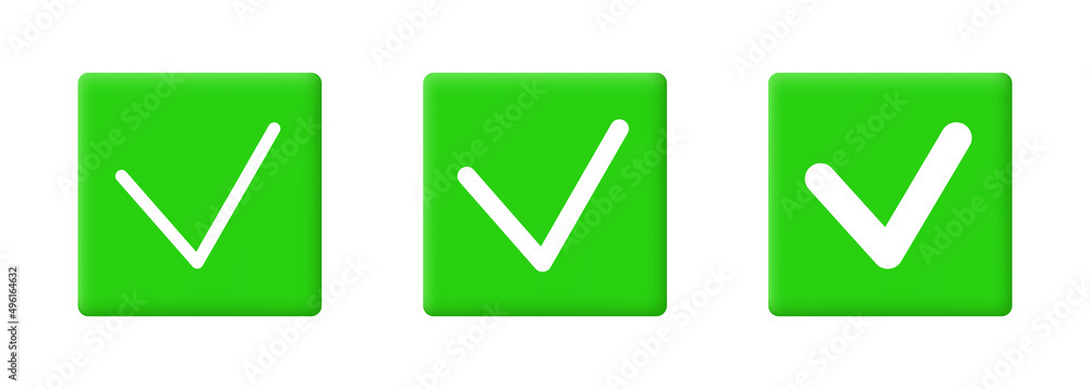 Green check mark. White arrows on green 3d squares. Vector 3d check mark isolated on white background. Green check mark. White arrows on green 3d squares. Vector 3d check mark isolated on white background.