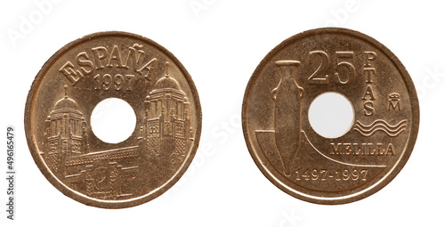 Spain - circa 1997: a 25 Pesetas, coin with a hole from spain showing the Palace de la Asamblea and a Phoenician amphora photo