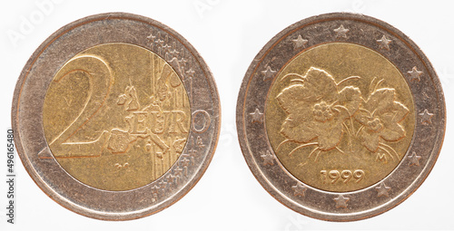 Finland - circa 1999 : a 2 Euro coin of Finland with a map of Europe and a cloudberry plant, Rubus chamaemorus