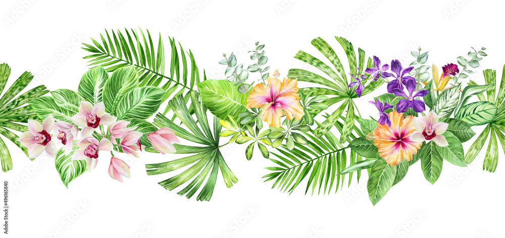 Horizontal watercolor border of tropical plants and flowers. Beautiful floral garland of orchids, hibiscus and palm leaves. Exotic seamless pattern for wallpaper, scrapbooking, fabric
