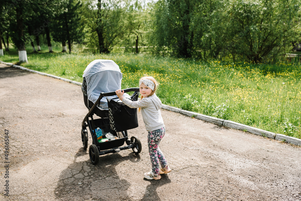 Obraz premium A little girl goes and carries a stroller with her little brother or sister in the park. Walking in the summer.