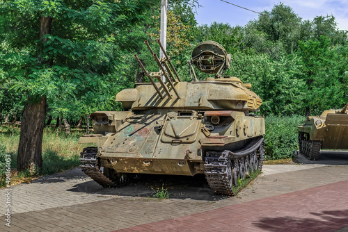 Radar military equipment at an exhibition in Peremohy Park in Mykolaiv, Ukraine. ZSU-23-4 Shilka stands in the open-air in the city garden photo