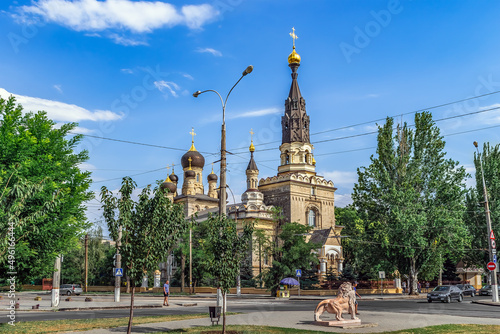 Bild auf Leinwand Mykolaiv, Ukraine - July 26, 2020: View of Cathedral of Our Lady Mother of Kasperovskaya from the Square of Council Europe in Mykolayiv