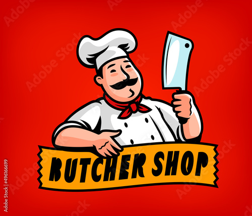 Chef with cleaver logo. Emblem for butcher shop. Meat concept vector illustration