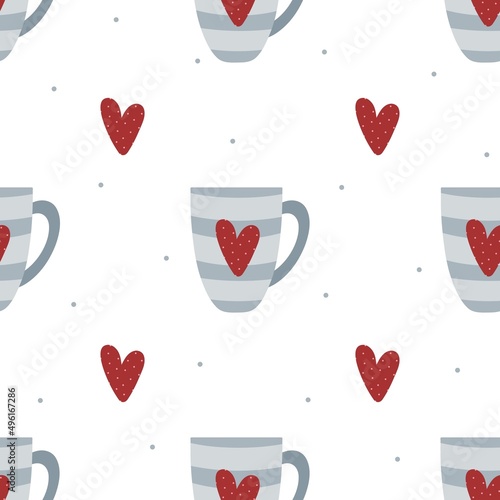 Cute mugs with hearts hand drawn seamless pattern. Vector illustration. Fun design. Kawaii tea time theme background for packaging, card, fabric, wallpaper, textile, wrapping paper, gift.