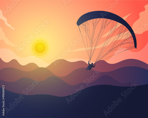 paragliding silhouette with landscape background of mountains and sunset vector illustration