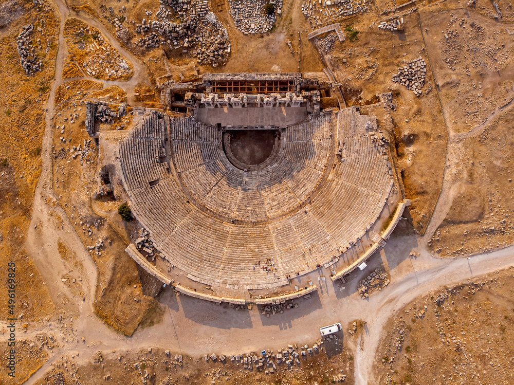 Aerial top view Amphitheater in Hierapolis ancient city travertine terraces in Pamukkale Turkey
