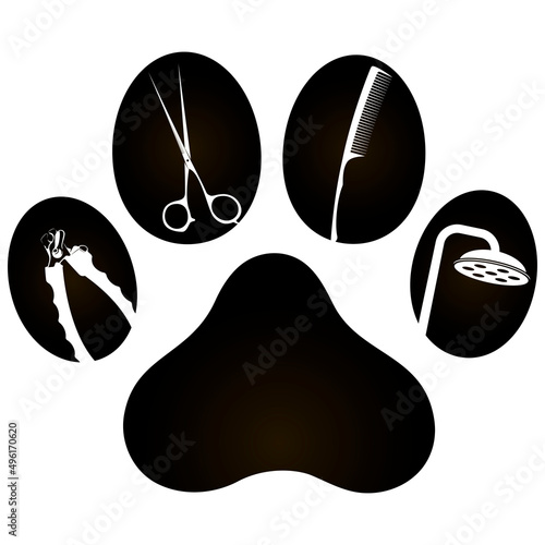 Pet footprint symbol. Grooming and washing animals. Sign for groomer salon