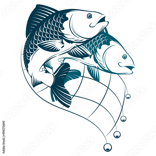 Fish in nets. Silhouette for fishing and hobby