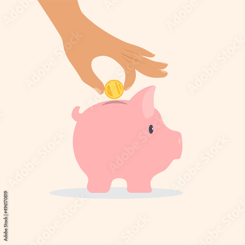 Piggy bank and human hand with coin, concept of growth