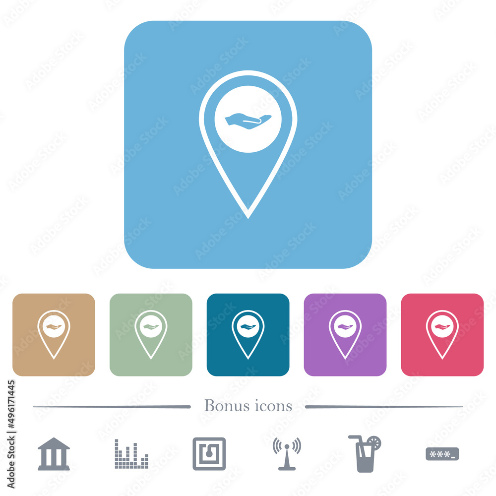 GPS location service flat icons on color rounded square backgrounds GPS location service flat icons on color rounded square backgrounds