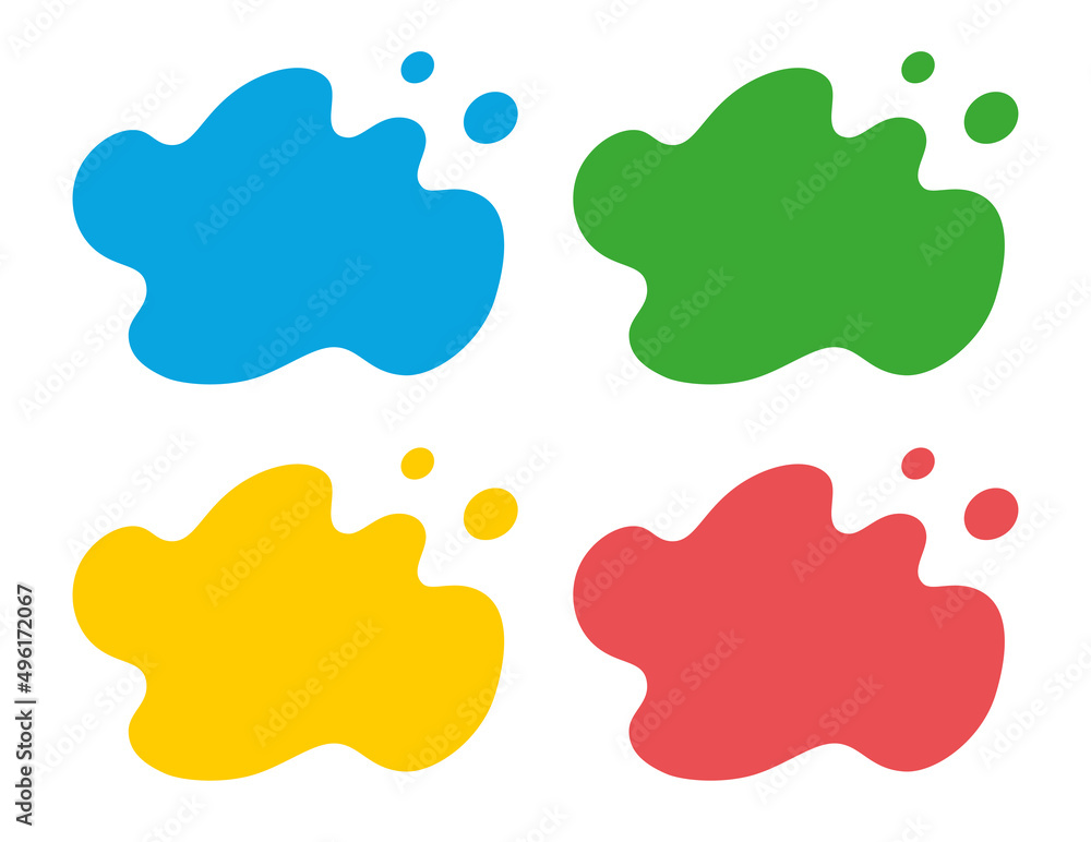 Blue, green, yellow and red color paint splash blot swatches or samples palette, abstract amoeba liquid shape badges flat vector. Blue, green, yellow and red color paint splash blot swatches or samples palette, abstract amoeba liquid shape badges flat vector.