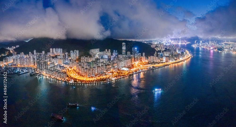 Epic Aerial view of Victoria Harbour, focus on the East side of Hong Kong Island