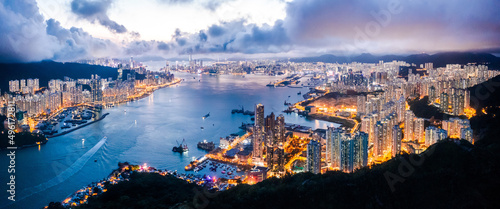 Epic Aerial view of Victoria Harbour, focus on the East side of Hong Kong Island