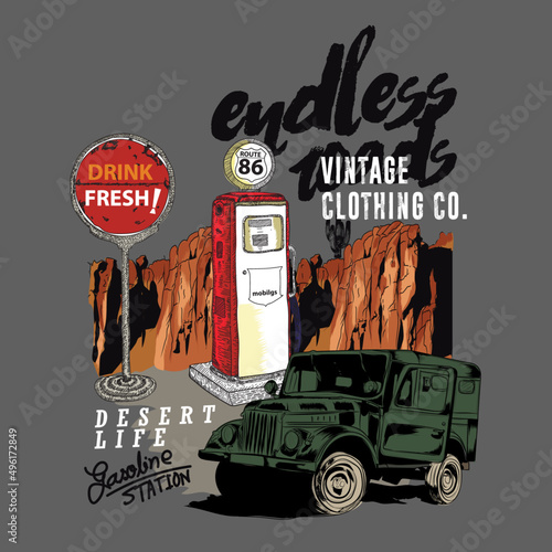 Desert Vibes in Arizona, Desert vibes vector graphic print design for apparel, stickers, posters, background and others. Outdoor western vintage artwork. Arizona desert t-shirt design
