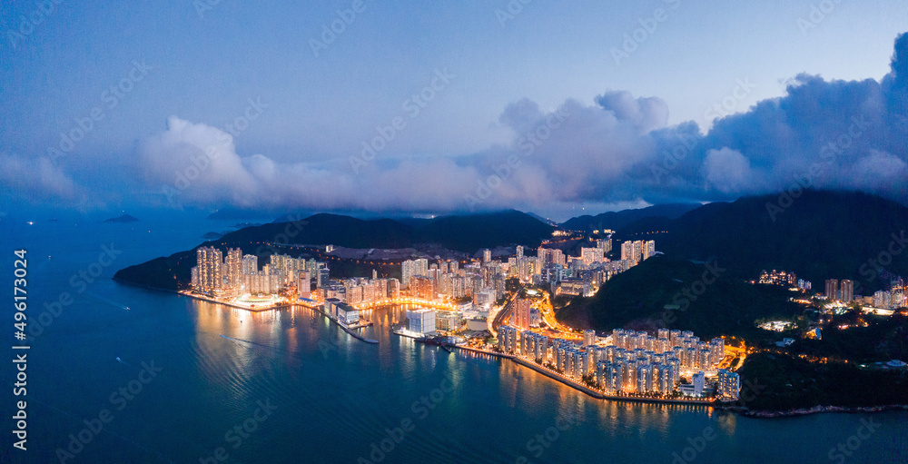 Epic Aerial view of Victoria Harbour, focus on the East side of Hong Kong Island