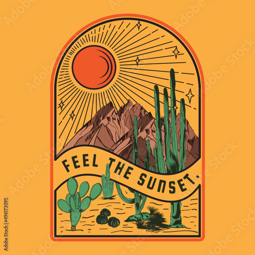 Desert Vibes in Arizona, Desert vibes vector graphic print design for apparel, stickers, posters, background and others. Outdoor western vintage artwork. Arizona desert t-shirt design