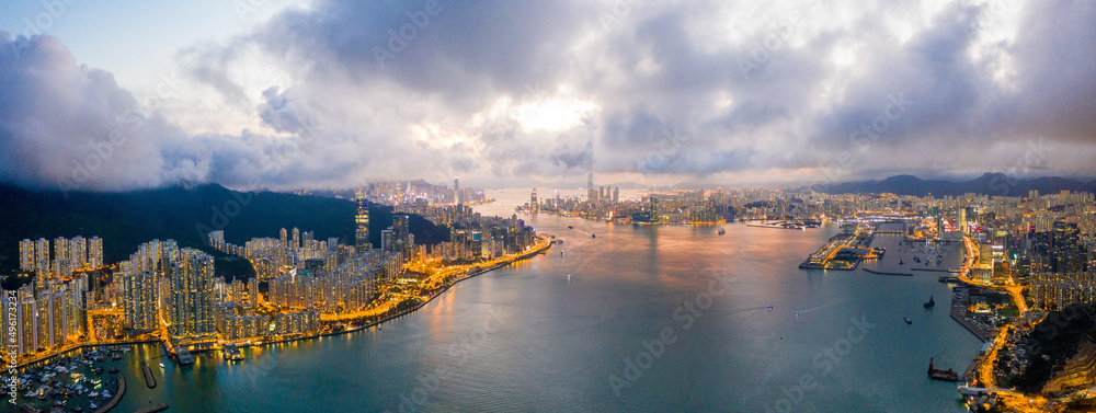 Epic Aerial view of Victoria Harbour, focus on the East side of Hong Kong Island