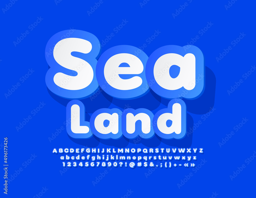 Vector creative banner Sea Land with Blue ad White Font. Sticker set of Alphabet Letters, Numbers and Symbols