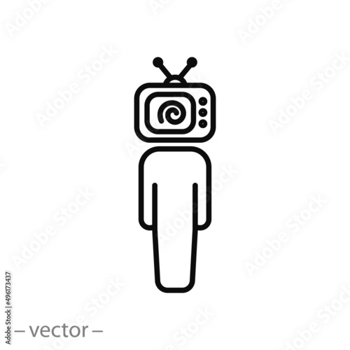 television addiction icon, news fake manipulation, influence media propaganda, lost person with tv monitor, thin line symbol on white background - editable stroke vector illustration