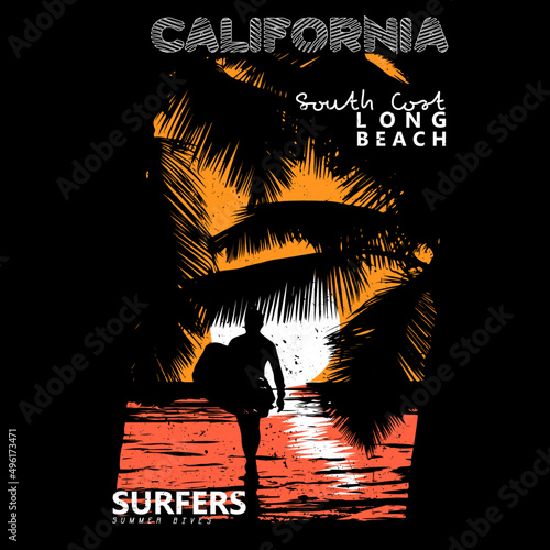 Summer Long Beach in California, sunset beach artworks, summer prints, beach prints, placements prints, California vector illustration, for t-shirt print and other uses. Vintage Californian typography