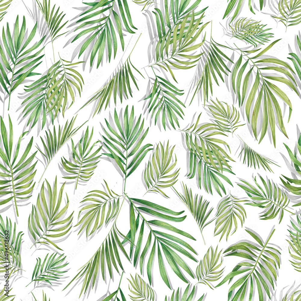Tropical seamless pattern with palm leaves. Watercolor summer print with green plants. Exotic floral illustration is suitable for clothing, textiles, invitations, wallpaper, curtains, bed linen