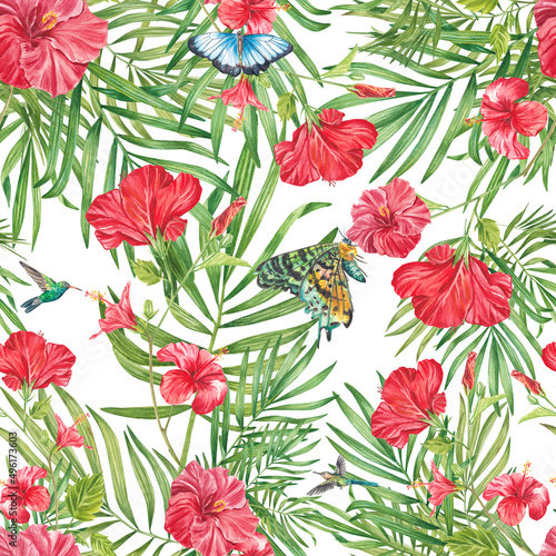 Fototapeta Naklejka Na Ścianę i Meble -  Tropical seamless pattern with hibiscus, leaves, butterflies and hummingbirds. Watercolor summer print. Exotic floral illustration is suitable for clothing, textiles, invitations, wallpaper, curtains