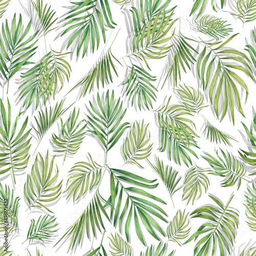 Tropical seamless pattern with palm leaves. Watercolor summer print with green plants. Exotic floral illustration is suitable for clothing  textiles  invitations  wallpaper  curtains  bed linen